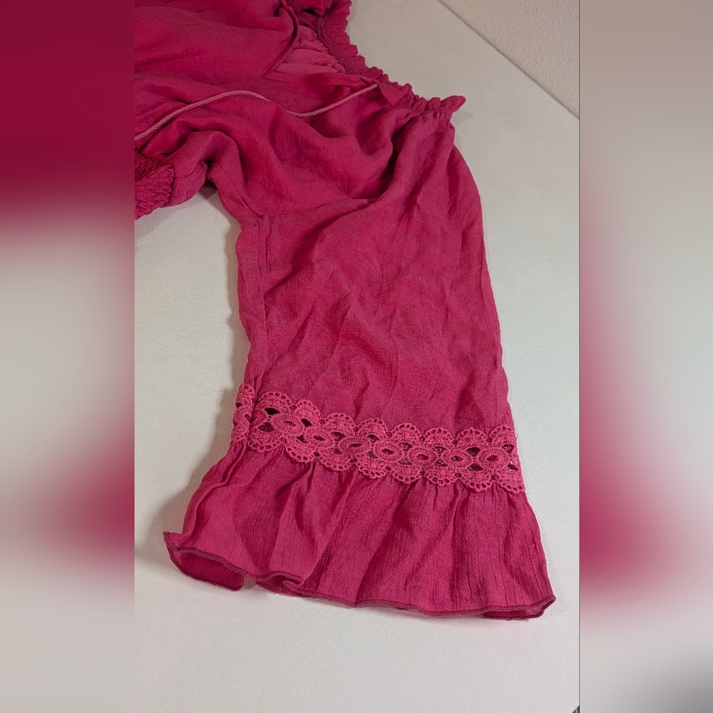 Fuchsia Pink Smocked Poplin Lace Embroidered Mini Dress Pullover Sz L - Picture 14 of 14